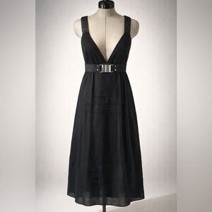 Sportmax deep V buckled empire waist dress w/belt, black, tiered, 10